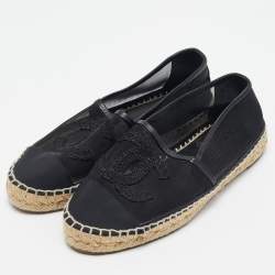 Chanel Black Mesh and Leather CC Cap Toe Espadrille Flats Size 35