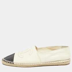 Pre Owned Chanel Cream/Black Leather CC  Cap Toe Espadrille Flats Size 40