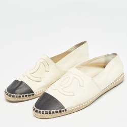 Pre Owned Chanel Cream/Black Leather CC  Cap Toe Espadrille Flats Size 40