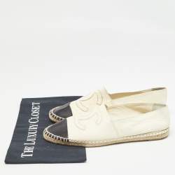 Pre Owned Chanel Cream/Black Leather CC  Cap Toe Espadrille Flats Size 40
