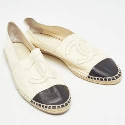 Pre Owned Chanel Cream/Black Leather CC  Cap Toe Espadrille Flats Size 40