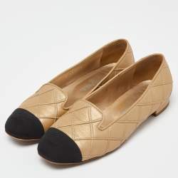 Chanel Beige/Black Quilted Leather Slip On Smoking Slippers Size 38.5