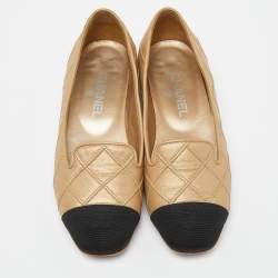 Chanel Beige/Black Quilted Leather Slip On Smoking Slippers Size 38.5