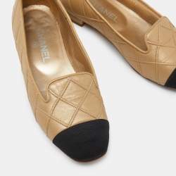 Chanel Beige/Black Quilted Leather Slip On Smoking Slippers Size 38.5