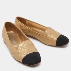 Chanel Beige/Black Quilted Leather Slip On Smoking Slippers Size 38.5
