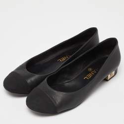 Pre Owned Chanel Black Leather and Canvas CC Cap Toe Ballet Flats Size 39