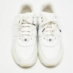 Pre Owned Chanel White/Black Leather And Satin CC Low Top Sneakers Size 39.5