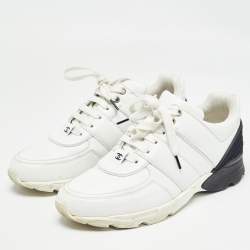 Pre Owned Chanel White/Black Leather And Satin CC Low Top Sneakers Size 39.5