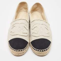 Pre Owned Chanel Grey/Black Canvas CC Cap Toe Espadrille Flats Size 40