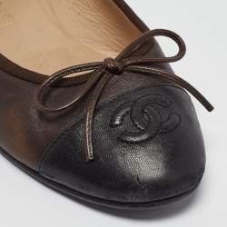 Pre Owned Chanel Dark Brown/Black Leather CC Bow Ballet Flats Size 37.5