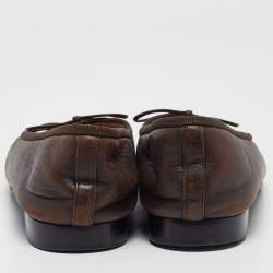 Pre Owned Chanel Dark Brown/Black Leather CC Bow Ballet Flats Size 37.5