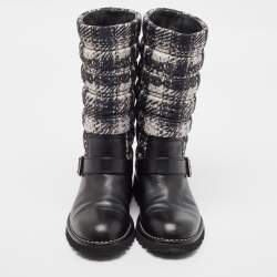 Chanel Black/White Leather and  Nylon Midcalf Boots Size 40