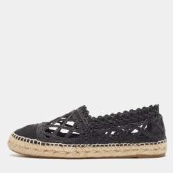 Pre Owned Chanel Black Woven Raffia and Grosgrain CC Cap Toe Espadrille Flats Size 39