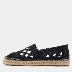 Chanel Black Laser Cut Raffia and Canvas CC Espadrille Flats Size 40