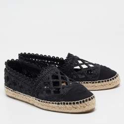 Chanel Black Laser Cut Raffia and Canvas CC Espadrille Flats Size 40