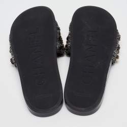 Pre Owned Chanel Navy Blue Tweed Tropiconic Chain Flat Slides Size 38