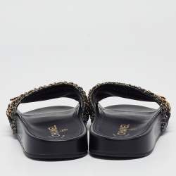 Pre Owned Chanel Navy Blue Tweed Tropiconic Chain Flat Slides Size 38