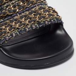 Pre Owned Chanel Navy Blue Tweed Tropiconic Chain Flat Slides Size 38