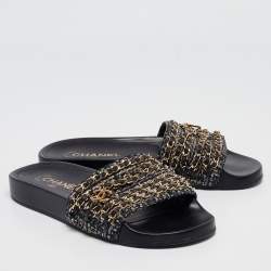 Pre Owned Chanel Navy Blue Tweed Tropiconic Chain Flat Slides Size 38