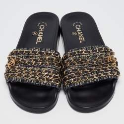 Pre Owned Chanel Navy Blue Tweed Tropiconic Chain Flat Slides Size 38