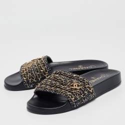 Pre Owned Chanel Navy Blue Tweed Tropiconic Chain Flat Slides Size 38