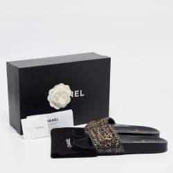Pre Owned Chanel Navy Blue Tweed Tropiconic Chain Flat Slides Size 38