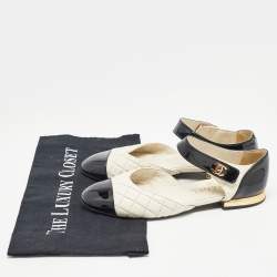 Pre Owned Chanel White/Black Quilted Leather and Patent CC Ankle Strap Flats Size 36.5
