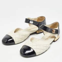 Pre Owned Chanel White/Black Quilted Leather and Patent CC Ankle Strap Flats Size 36.5