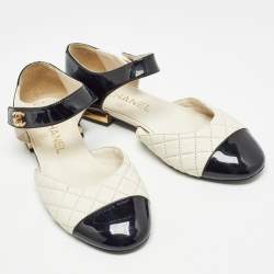 Pre Owned Chanel White/Black Quilted Leather and Patent CC Ankle Strap Flats Size 36.5