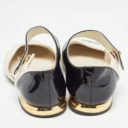 Pre Owned Chanel White/Black Quilted Leather and Patent CC Ankle Strap Flats Size 36.5