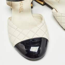 Pre Owned Chanel White/Black Quilted Leather and Patent CC Ankle Strap Flats Size 36.5