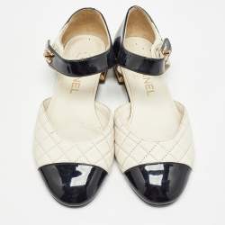Pre Owned Chanel White/Black Quilted Leather and Patent CC Ankle Strap Flats Size 36.5
