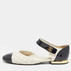 Pre Owned Chanel White/Black Quilted Leather and Patent CC Ankle Strap Flats Size 36.5