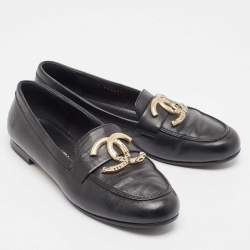 Chanel Black Leather CC Loafers Size 38.5