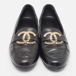 Chanel Black Leather CC Loafers Size 38.5