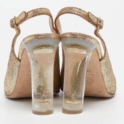 Chanel Gold Textured Suede CC Transparent Heel Slingback Sandals Size 38.5