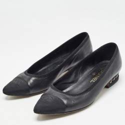 Pre Owned Chanel Black Leather and CC Canvas Chain Link Detail Ballet Flats Size 37