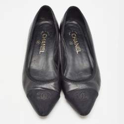 Pre Owned Chanel Black Leather and CC Canvas Chain Link Detail Ballet Flats Size 37