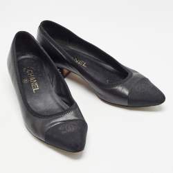 Pre Owned Chanel Black Leather and CC Canvas Chain Link Detail Ballet Flats Size 37