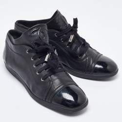 Pre Owned  Chanel Black Patent and Leather CC Lace Up Sneakers Size 40.5