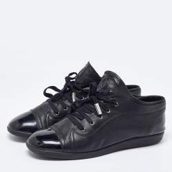 Pre Owned  Chanel Black Patent and Leather CC Lace Up Sneakers Size 40.5