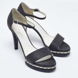 Chanel Black Leather Chain Embellished Strap Sandals Size 39.5
