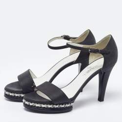Chanel Black Leather Chain Embellished Strap Sandals Size 39.5