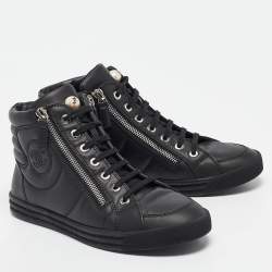 Pre Owned Chanel Black Leather CC Double Zip Accent High Top Sneakers Size 36.5