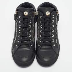 Pre Owned Chanel Black Leather CC Double Zip Accent High Top Sneakers Size 36.5