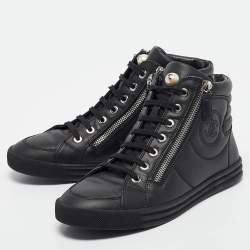 Pre Owned Chanel Black Leather CC Double Zip Accent High Top Sneakers Size 36.5