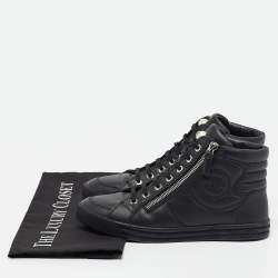Pre Owned Chanel Black Leather CC Double Zip Accent High Top Sneakers Size 36.5