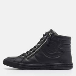 Pre Owned Chanel Black Leather CC Double Zip Accent High Top Sneakers Size 36.5