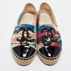 Pre Owned Chanel Multicolor Printed Fabric and Patent Leather CC Espadrille Flats Size 36