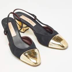 Pre Owned Chanel Black Canvas and Leather CC Slingback Pumps Size 40.5